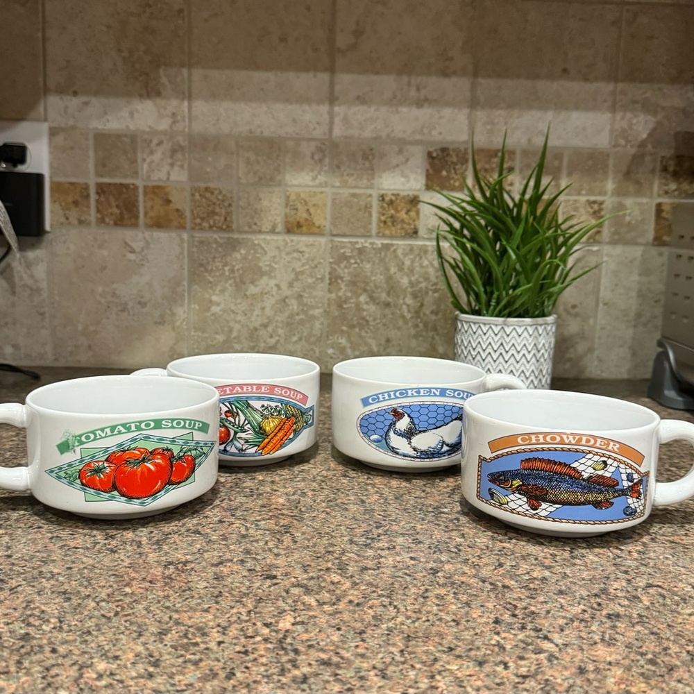 Vintage Himark ‘Soups 0n’ Lot of 4 Soup Mugs 14oz Double Sided, 4 inches wide